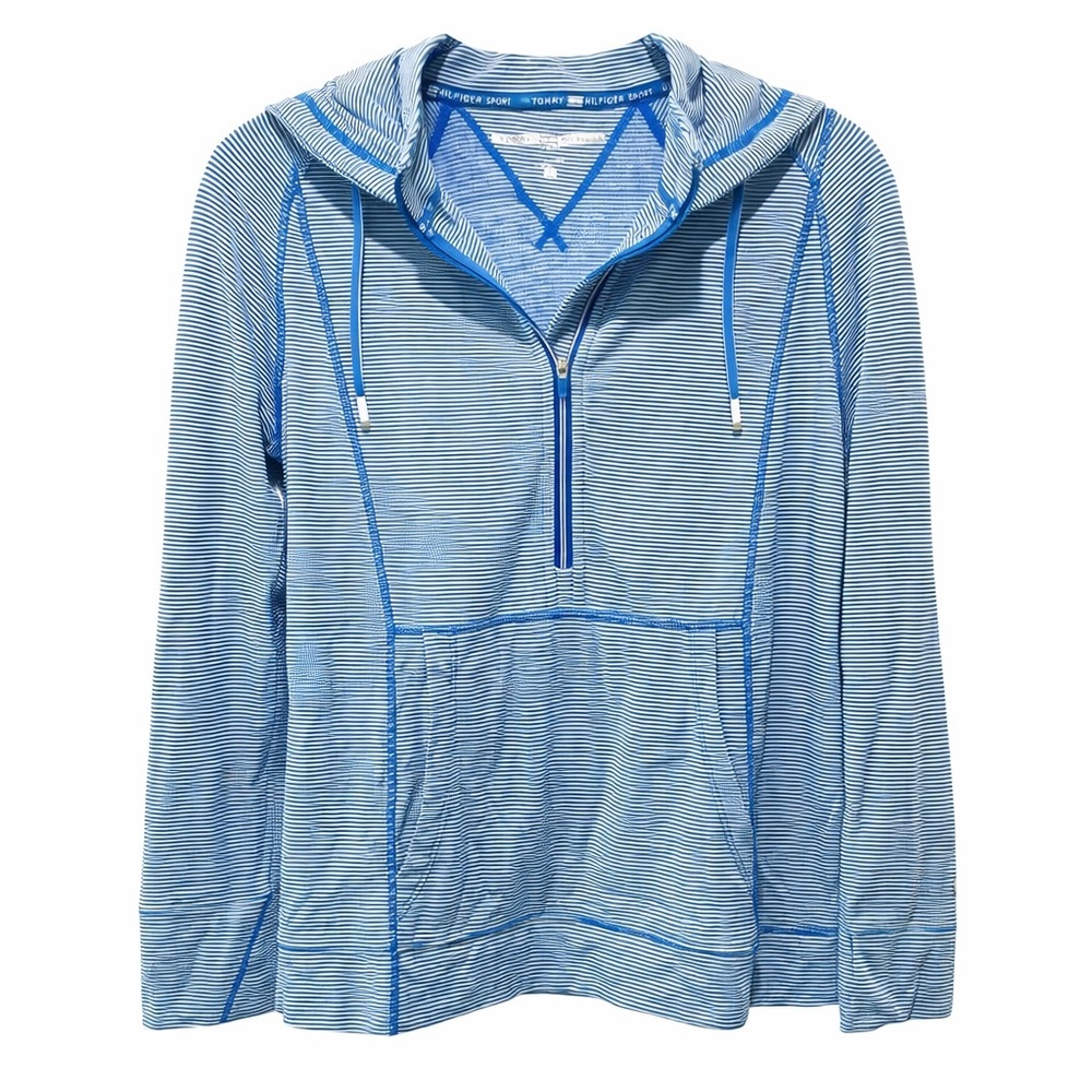 Tommy Hilfiger Sport 1/4 Zip Hoodie Blue White Stripe Women’s Small NWT